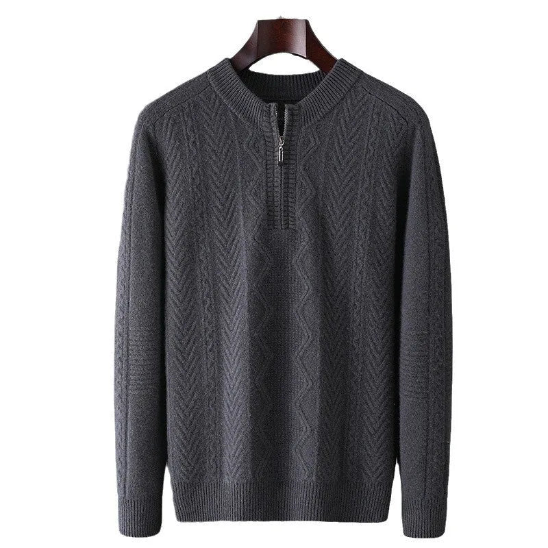 Men's grey diamond pattern half-zip wool sweater on a hanger