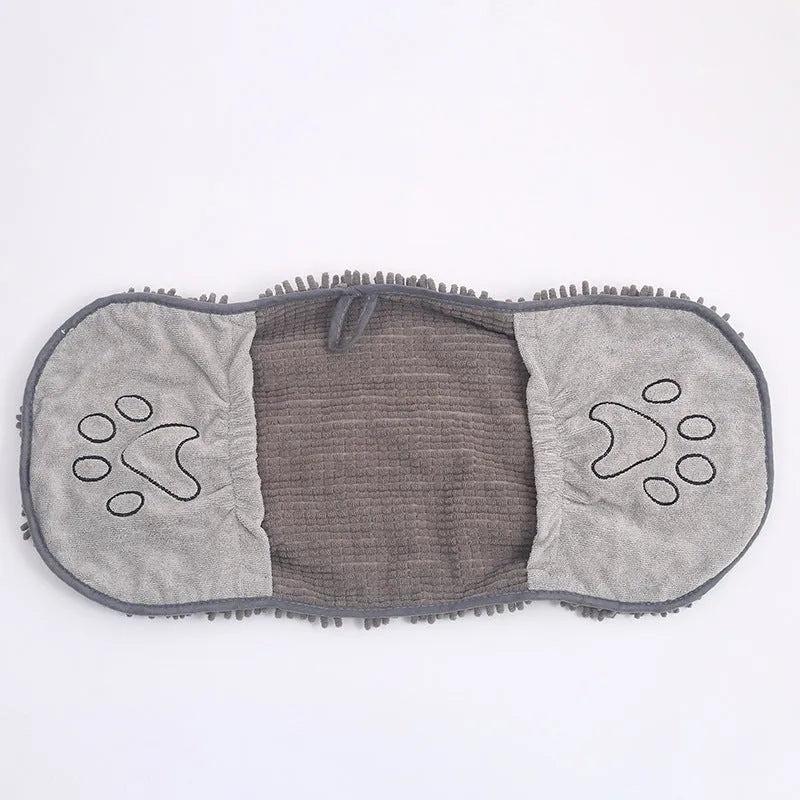 Grey chenille pet towel made from fibre for drying dogs and pets after a bath or swim