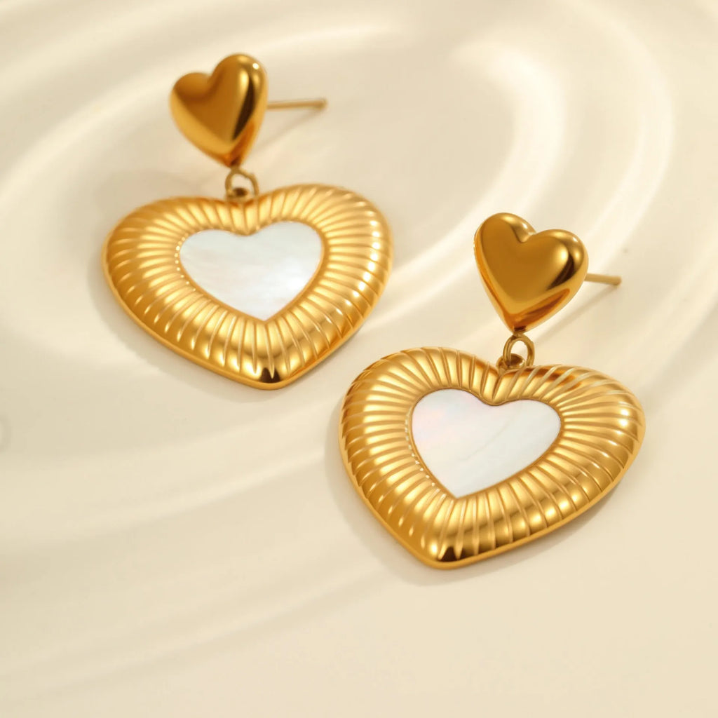 Gold-coloured heart-shaped stainless steel earrings with electroplated finish for women