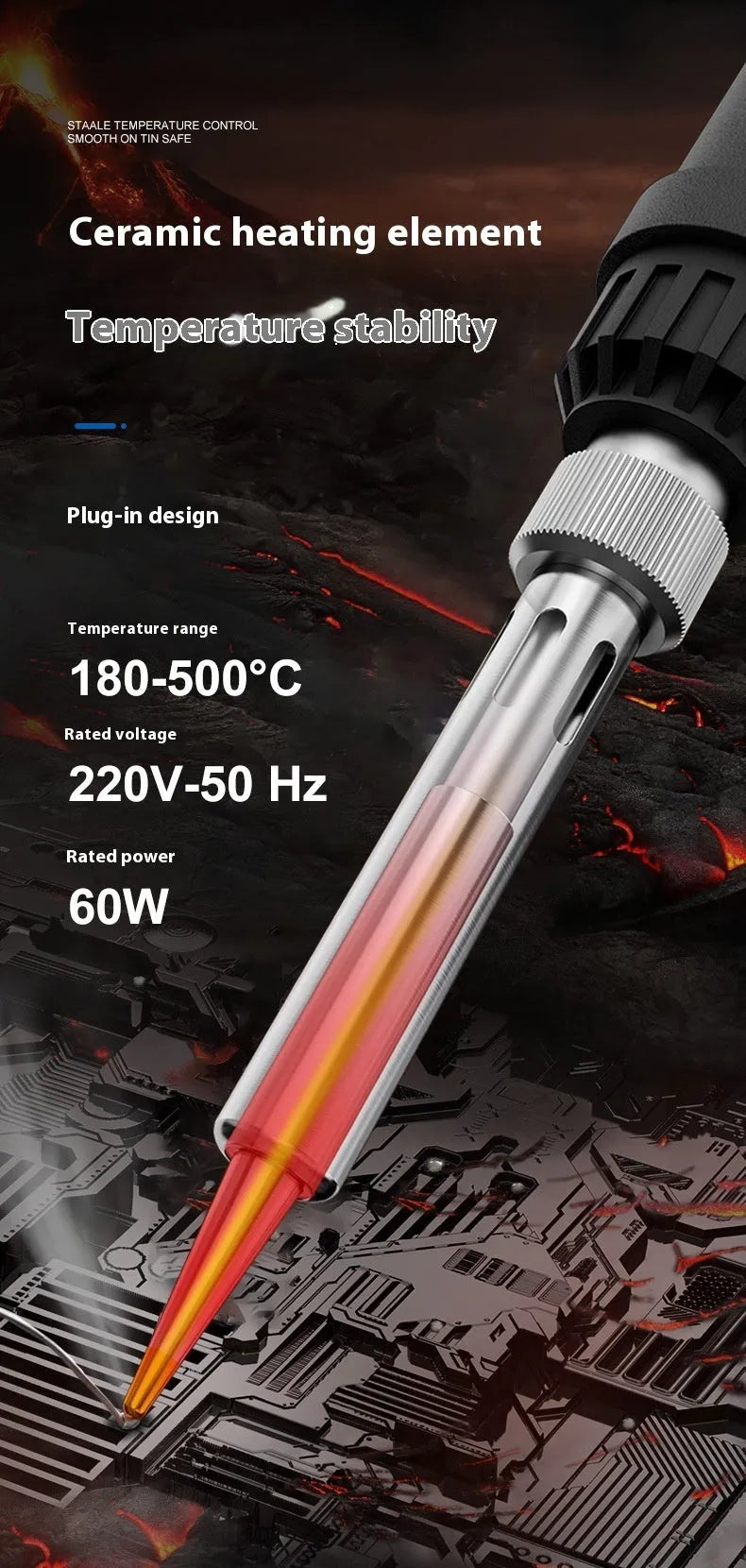 Grey 90W soldering iron kit with ceramic heating core, five tips, and accessories on a workbench.