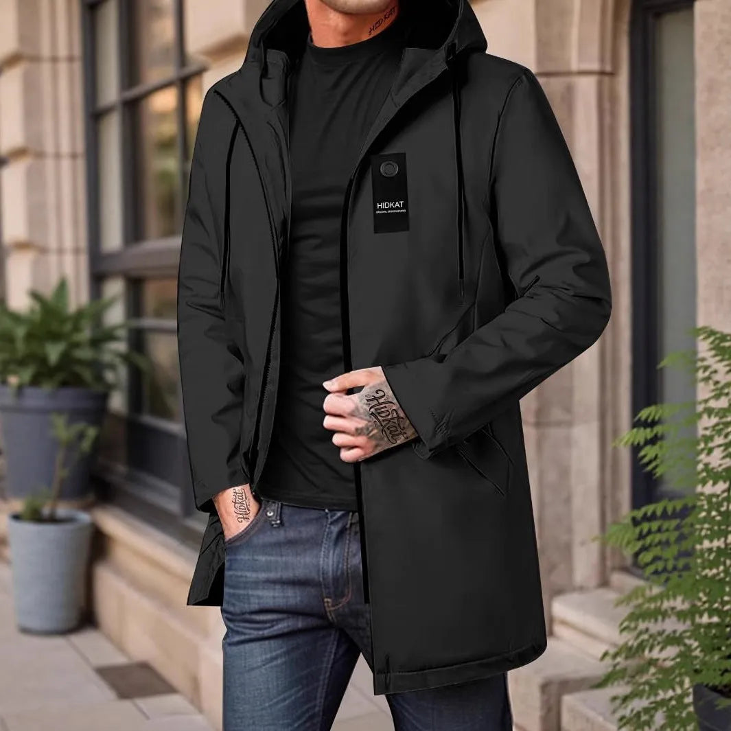 Men's mid-length hooded shell jacket in grey polyester fibre with long sleeves and windproof design