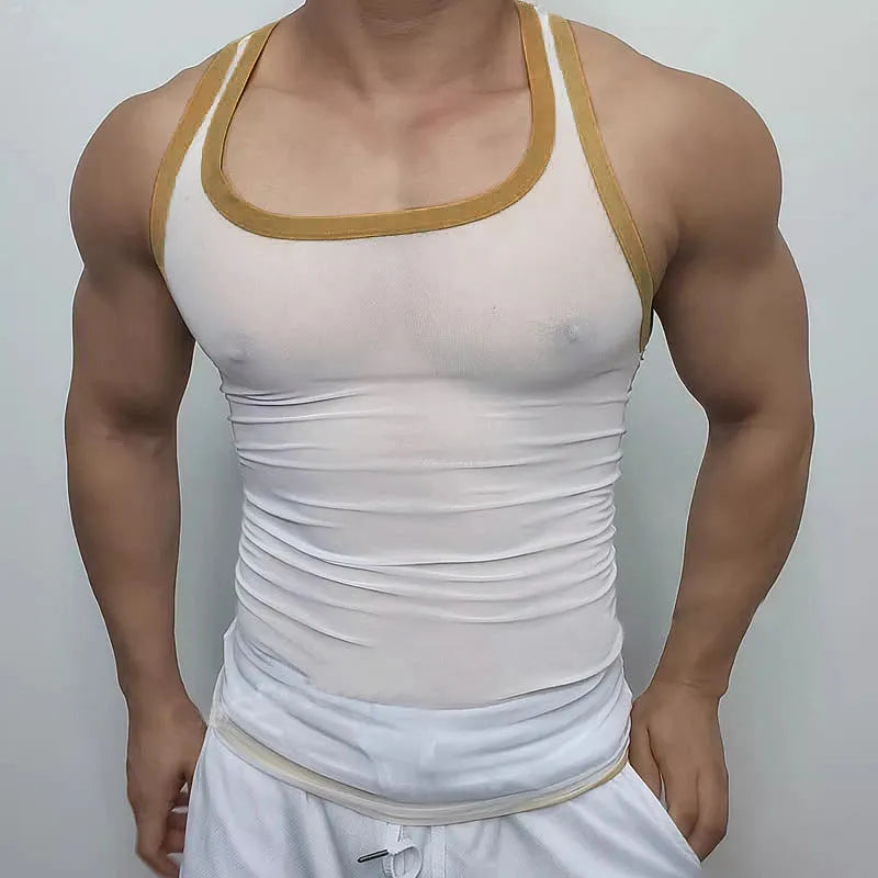 Men's black polyester mesh fitness vest with sleeveless design and straight hem laid flat.