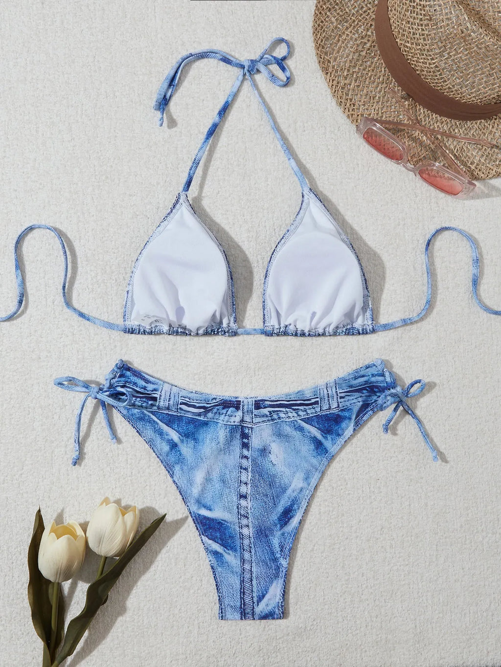 Women's denim blue printed two-piece bikini set with adjustable straps in nylon spandex fabric