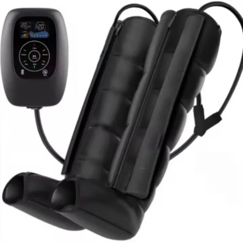 Air Wave Pressure Massager device with remote control and leg, arm, and waist attachments.