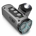 Three-head ultrasonic dog repellent device with spray, plastic handheld, 11x5x5cm, black colour