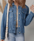 Blue double flap pocket denim textured button down jacket for women, cotton blend, sizes S to 2XL