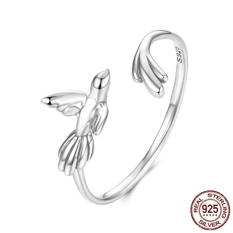 S925 sterling silver adjustable open ring with bird design and polished finish, women's style, colour BSR714-E