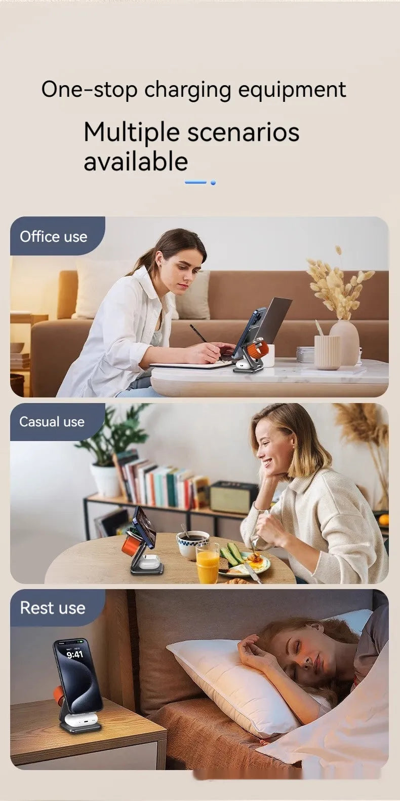 White foldable magnetic wireless charging phone holder showing adjustable stand with phone attached