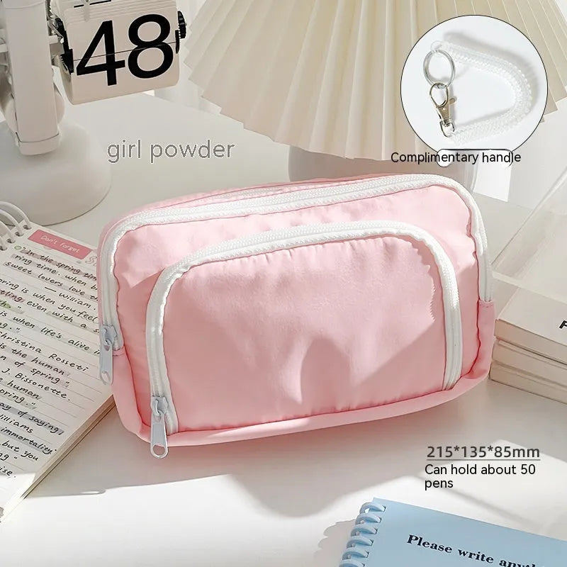 Double layer pencil case in mint green with gift handle showing dimensions 215 x 135 x 85mm