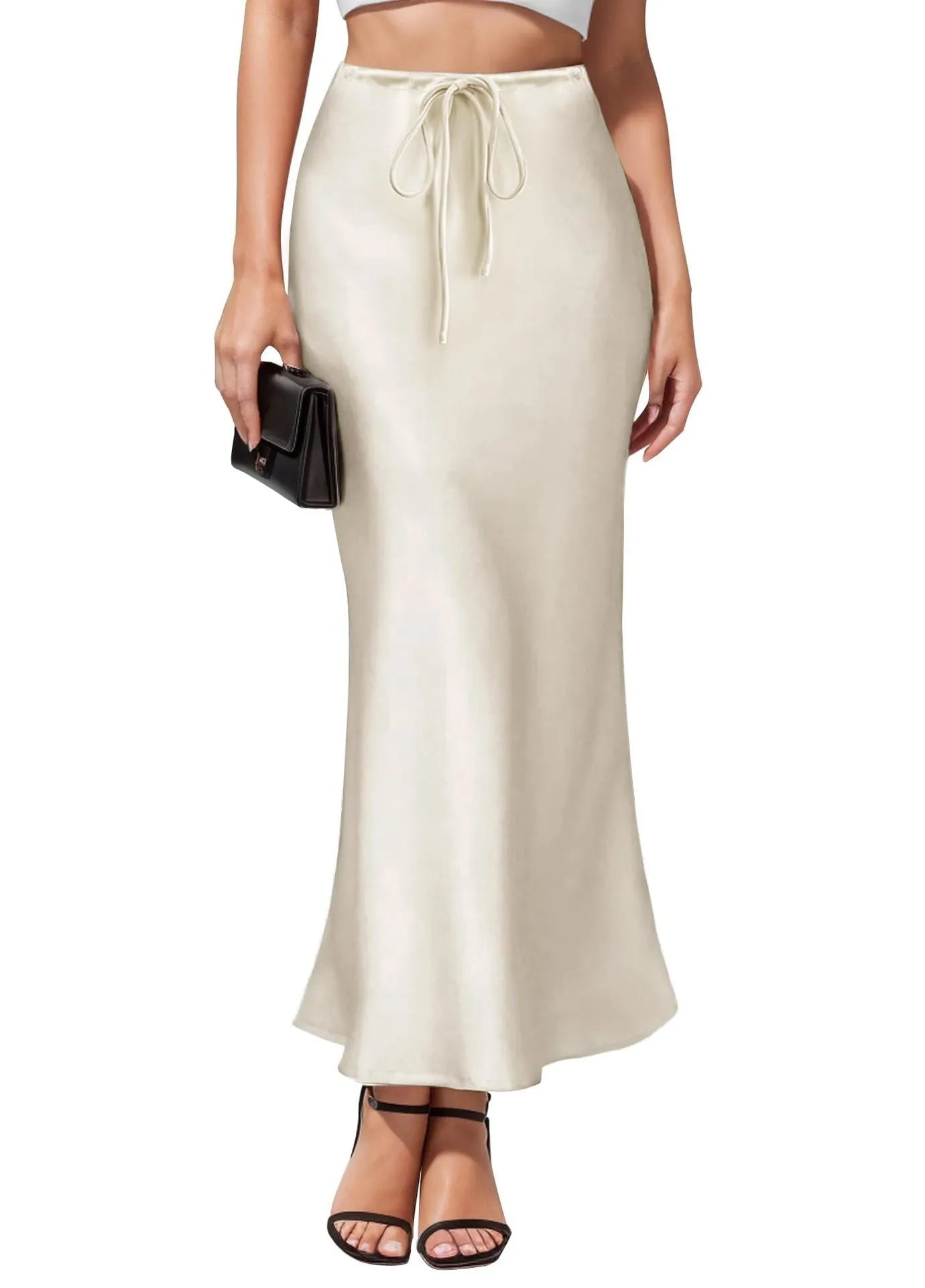 Asymmetric high-waisted acetate satin skirt in a solid colour with irregular stitching detail