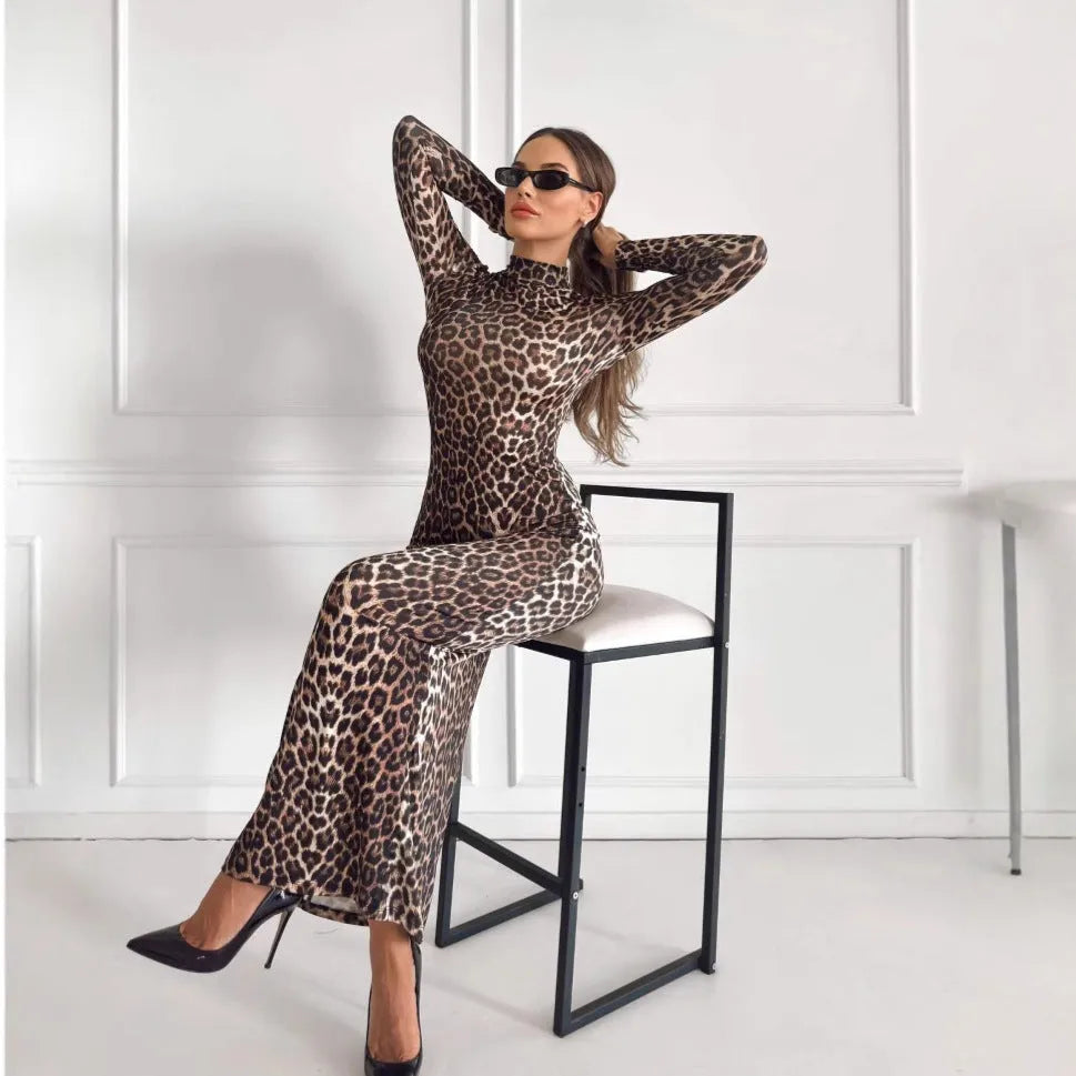 Women's leopard print long dress with stand collar, long sleeves and high waist hip skirt design