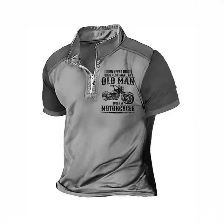 Men's casual short-sleeve polo shirt with digital printing on the lapel and zipper decorative details.