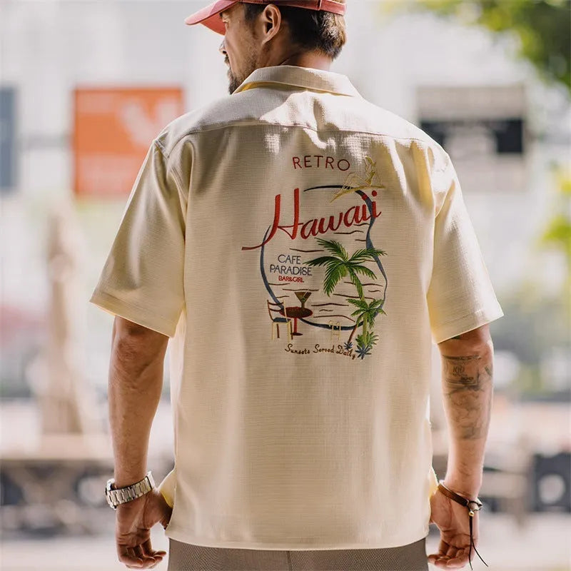 Men's light apricot bamboo pattern Cuban collar shirt with plant and flower designs