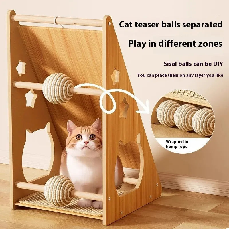 Vertical cat scratch board with sisal surface and hemp rope wrapping, cat teasing ball style design
