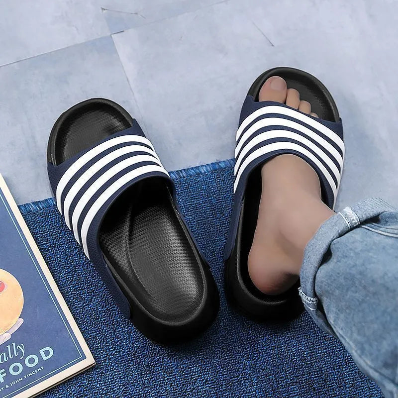 Casual unisex PVC and EVA slippers in beige, black and white, blue and white, and green colours.