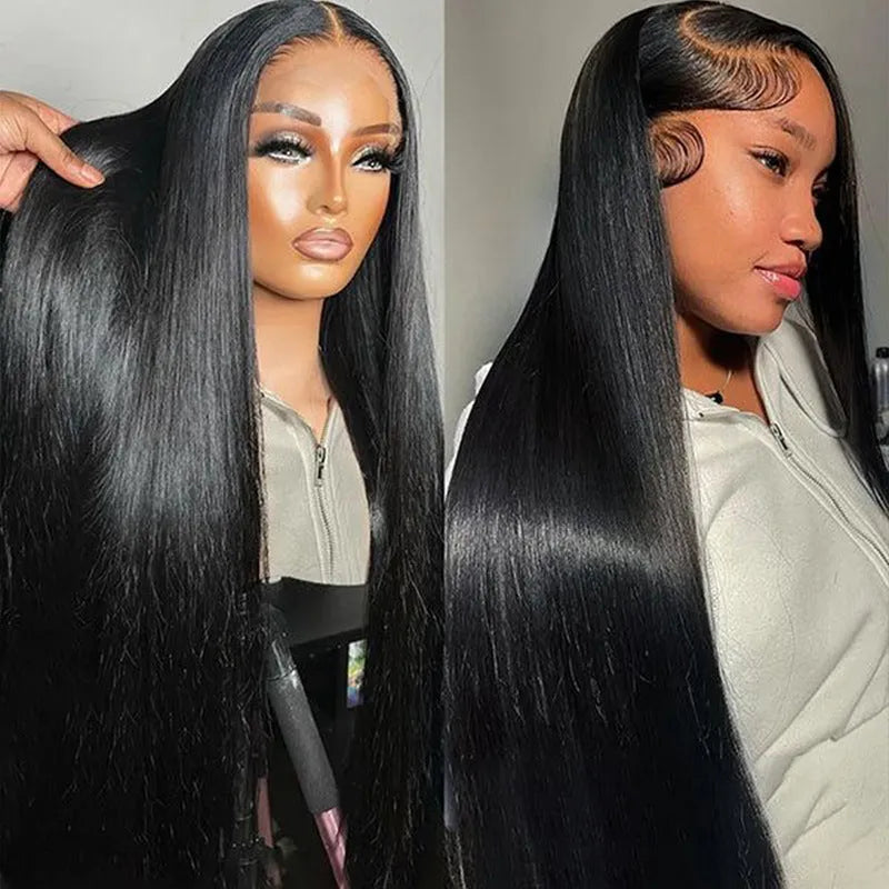 13x4 straight lace front wig in human hair, hand woven, with centre-parted bangs and long straight style.