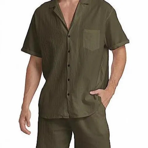 Men's flax summer sports shorts suit in army green with short-sleeved top and matching trousers