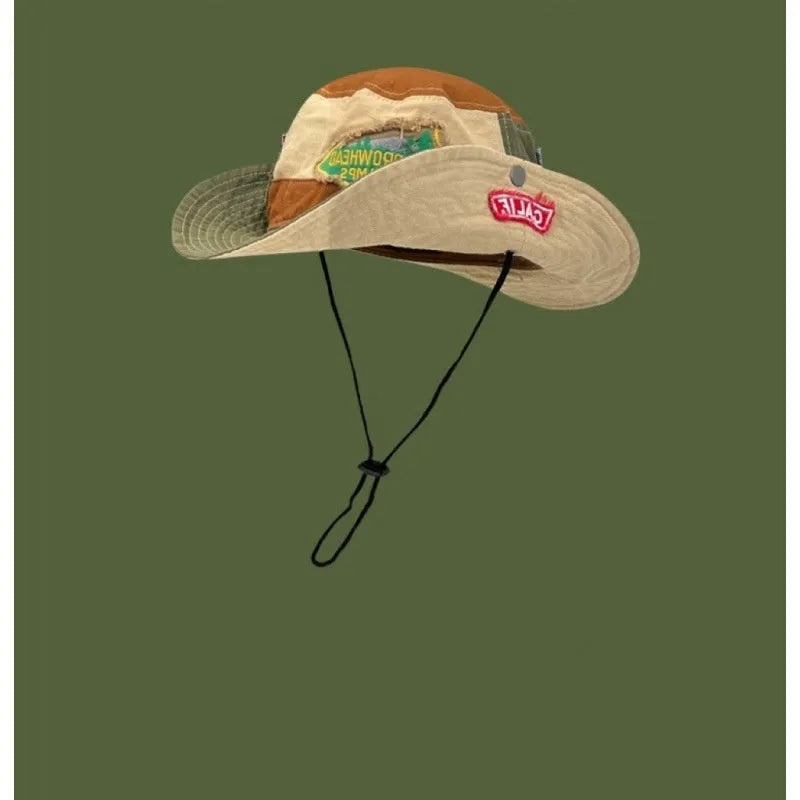 Army green cotton fisherman hat with retro patchwork details and flat top crown for summer sun protection