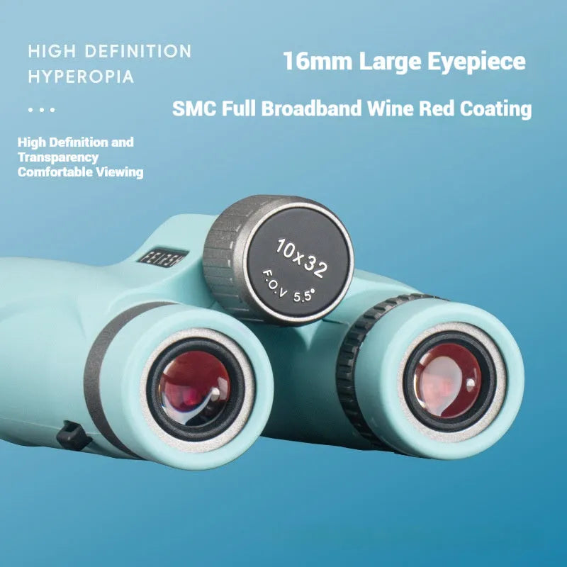 Blue or grey 10x32 plastic binoculars with wine red film imaging lenses on a flat surface.
