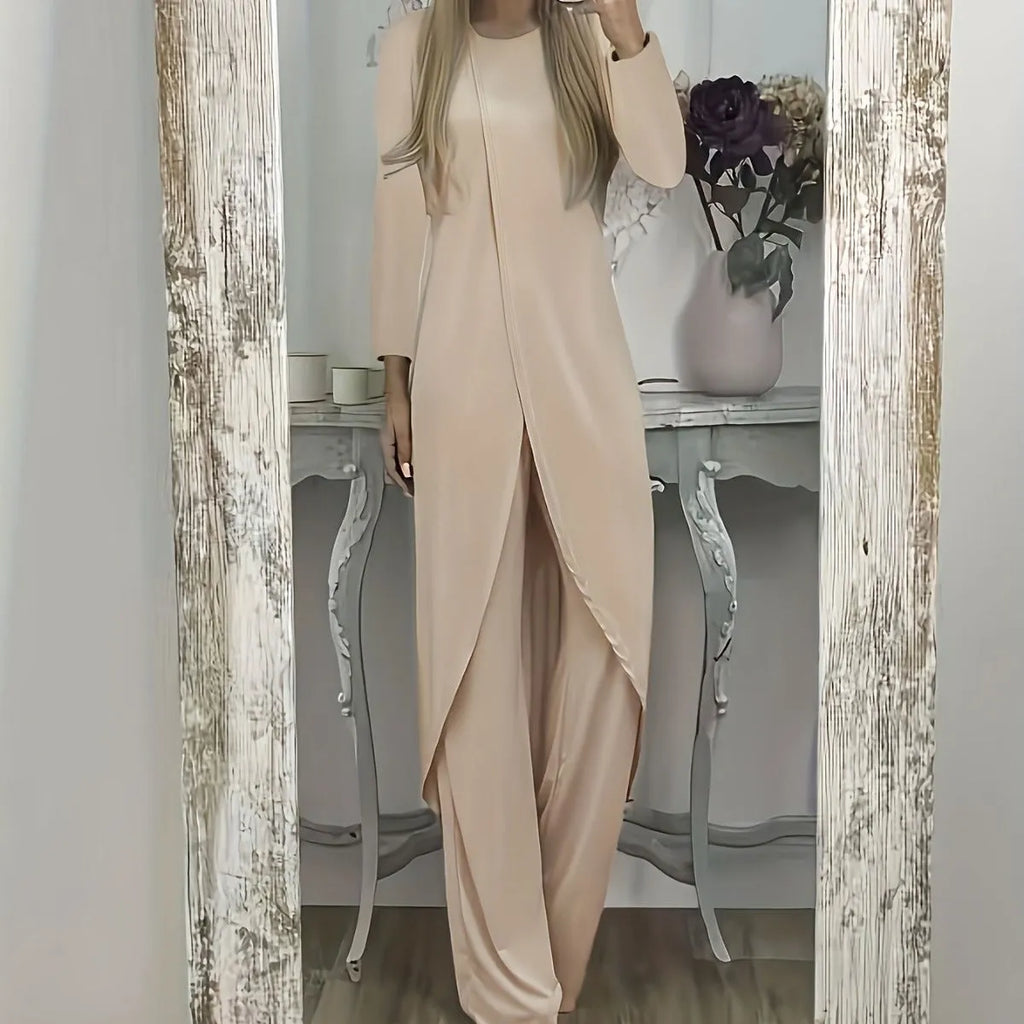 Long sleeve two-piece lounge set in black, blue, or khaki with loose round neck shirt and matching trousers