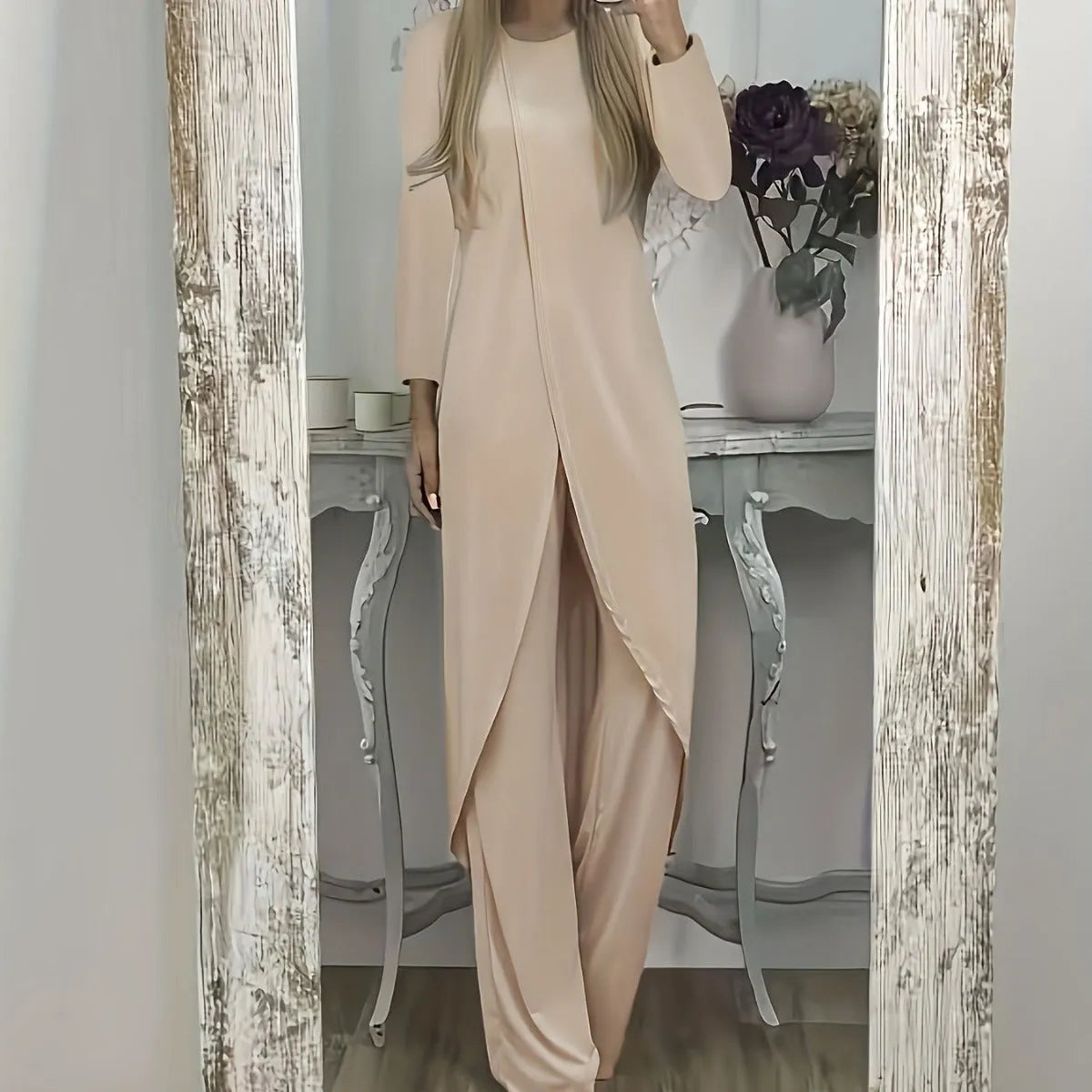 Long sleeve two-piece lounge set in black, blue, or khaki with loose round neck shirt and matching trousers