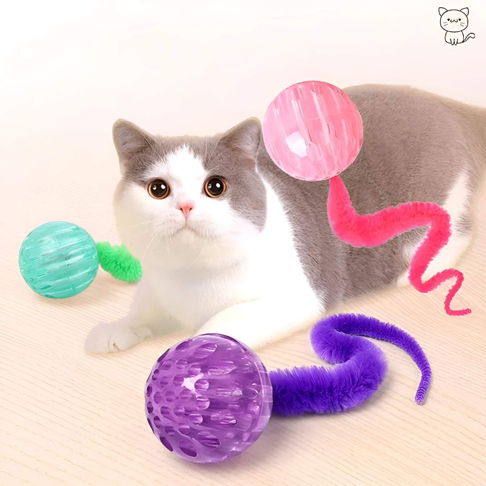 Interactive cat ball toy with bouncy TPR ball and plush worm tail in green colour