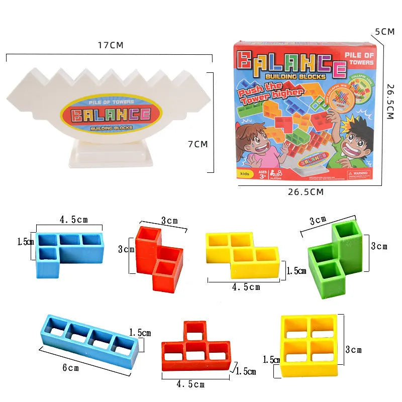 Plastic balance stacking game with 16 coloured blocks, chassis, and base on a table.