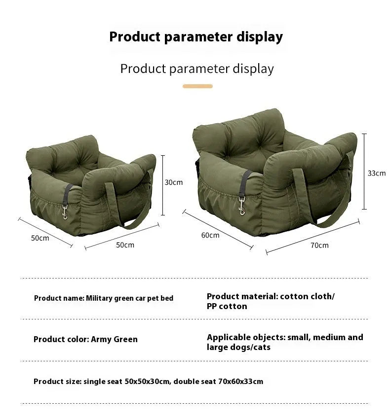 Green cloth pet car bed dog safety seat for dogs and cats, available in S and L