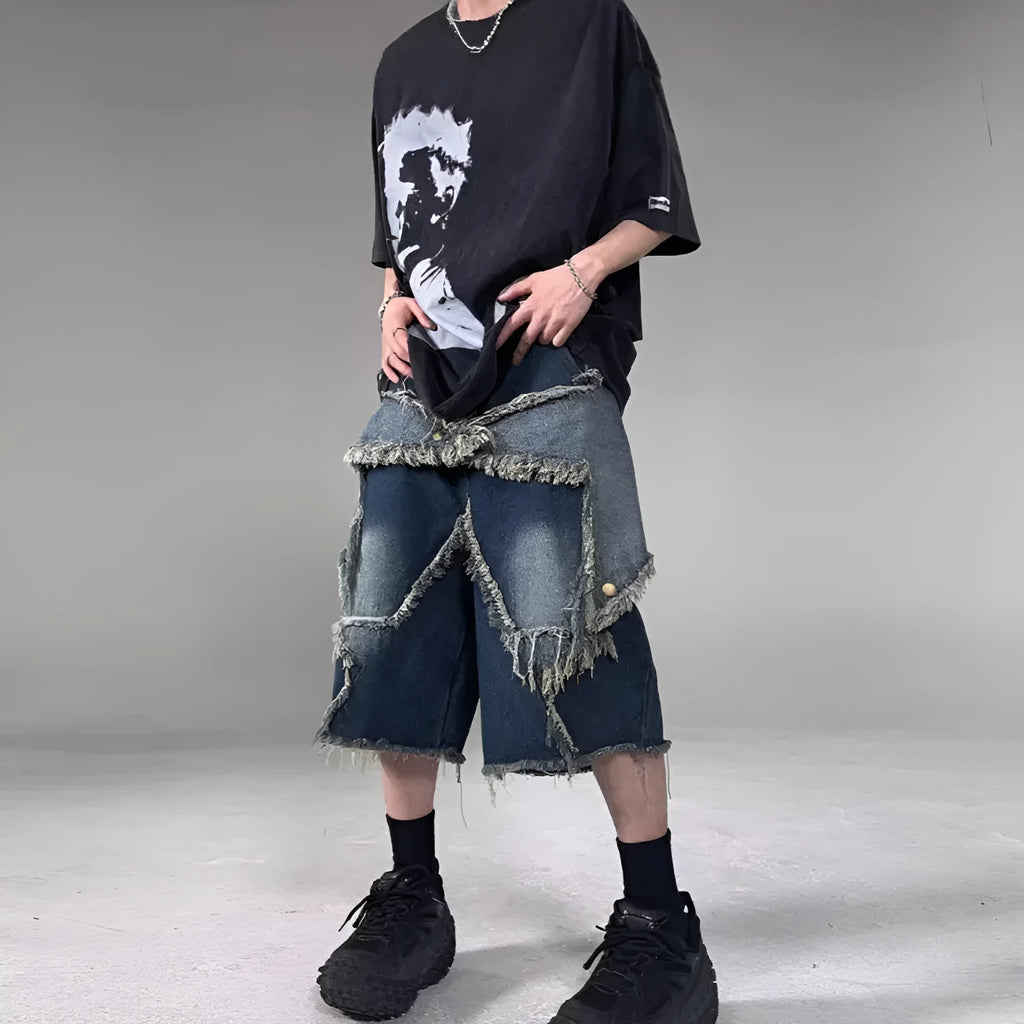 Blue retro denim shorts with frayed hem and five-pointed star design, loose fit for summer
