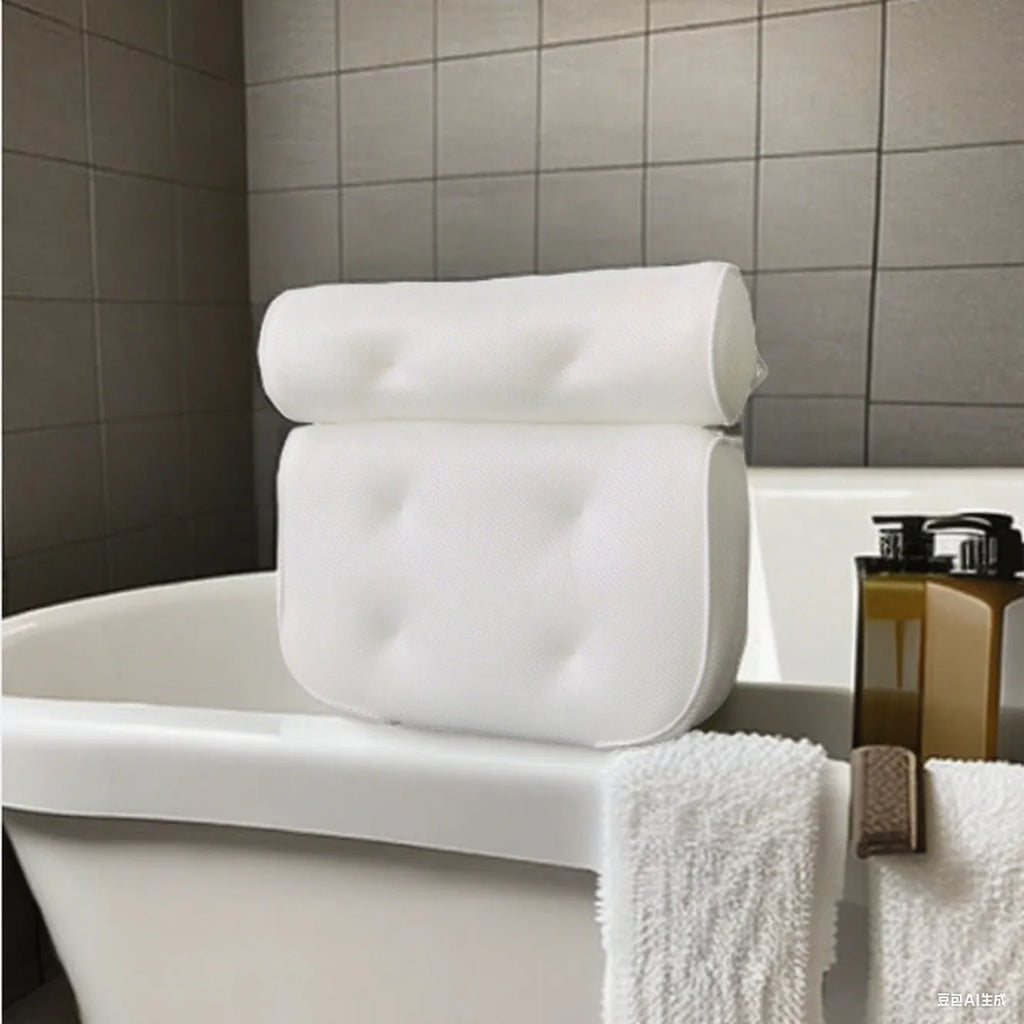 White bathtub pillow with 4D mesh and seven suction cups on a bath mat.