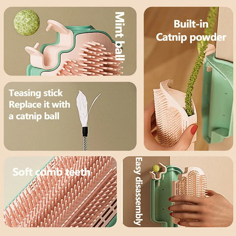 Ice cream cone shaped cat grooming toy with mint ball and feather attachments on textured surface