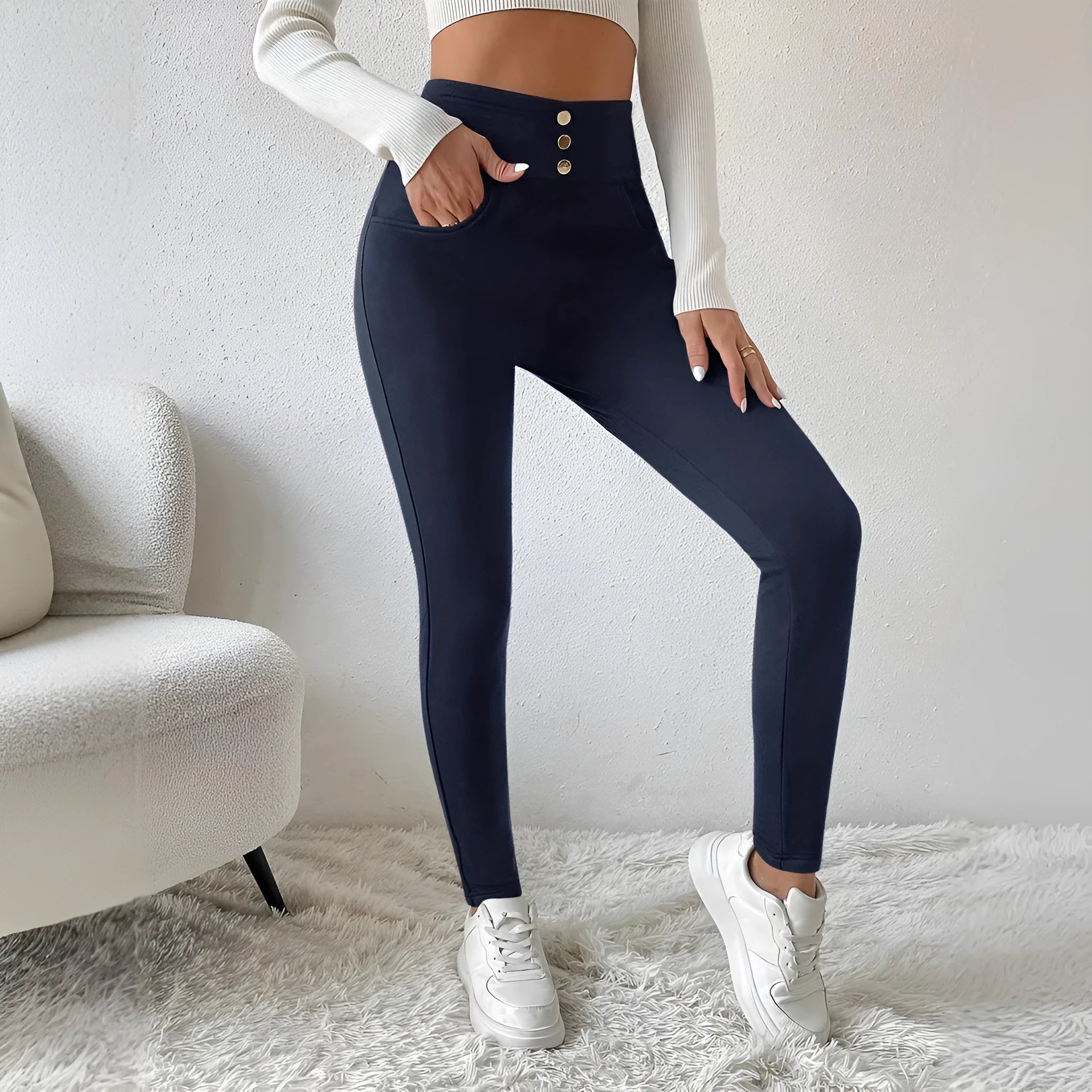 Women's navy blue high waist straight leg trousers with Japanese Korean casual style