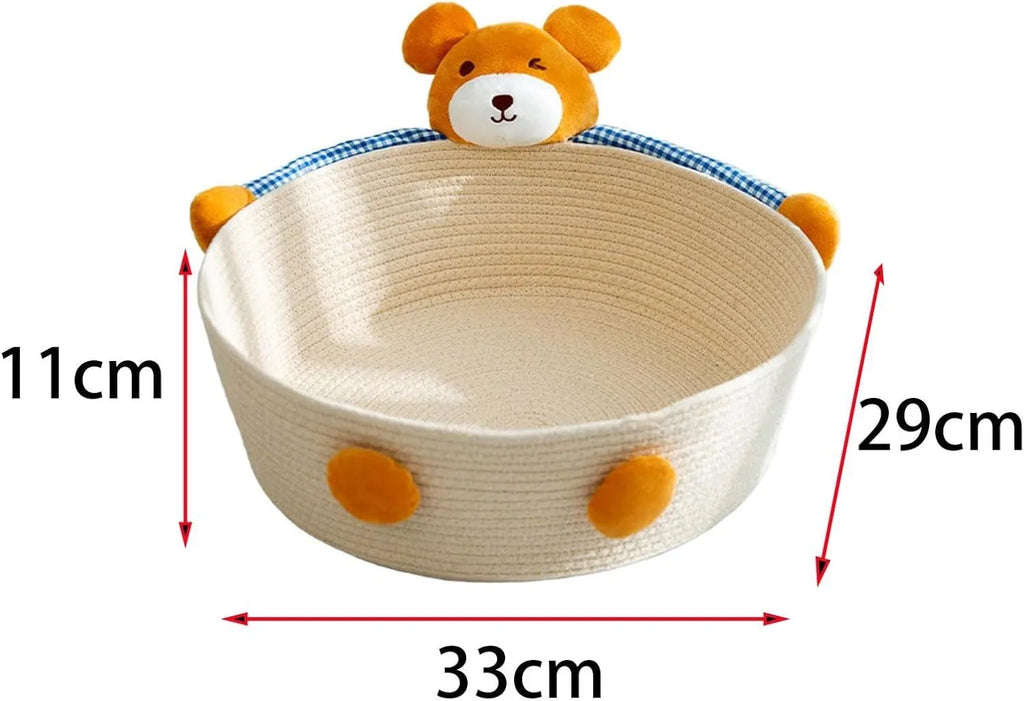 Cotton rope woven cat bed and scratching board in rabbit design showing basket shape with integrated scratching surface