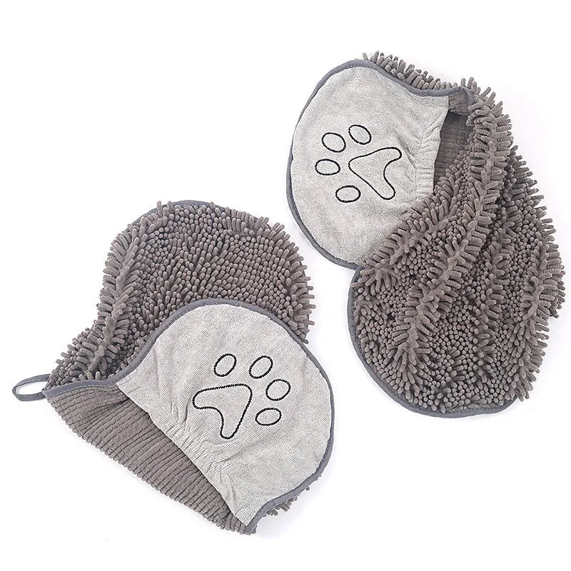 Grey chenille pet towel made from fibre for drying dogs and pets after a bath or swim