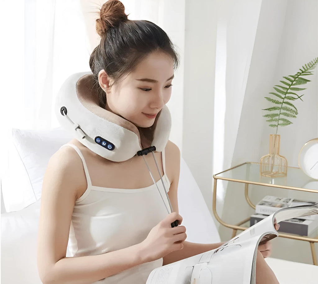 Brown U-shaped electric neck massage pillow with rechargeable battery and heating function