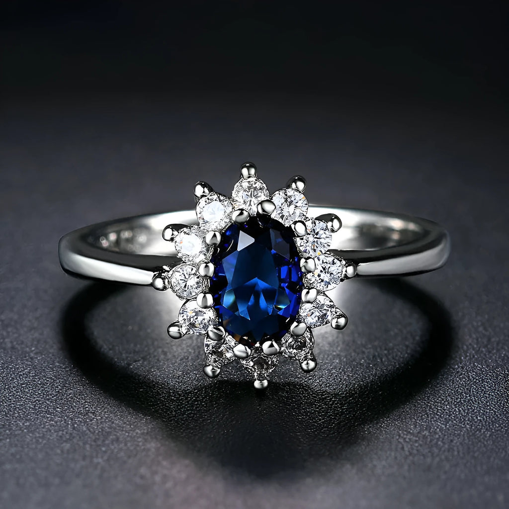 Women's blue moissanite floral ring with inlaid zirconia stones on copper band
