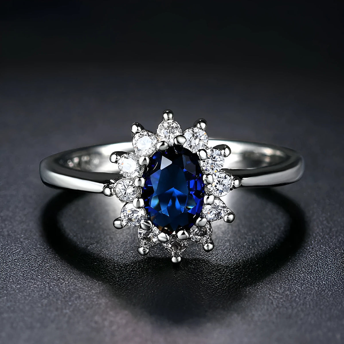 Women's blue moissanite floral ring with inlaid zirconia stones on copper band