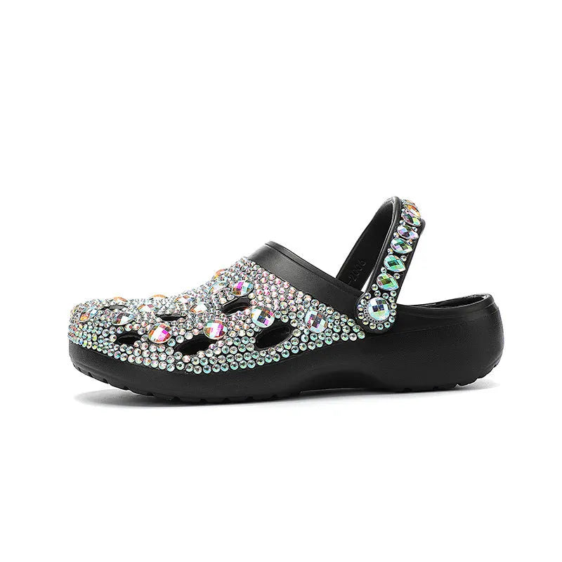 Black women's platform sandals with rhinestone decoration on EVA construction