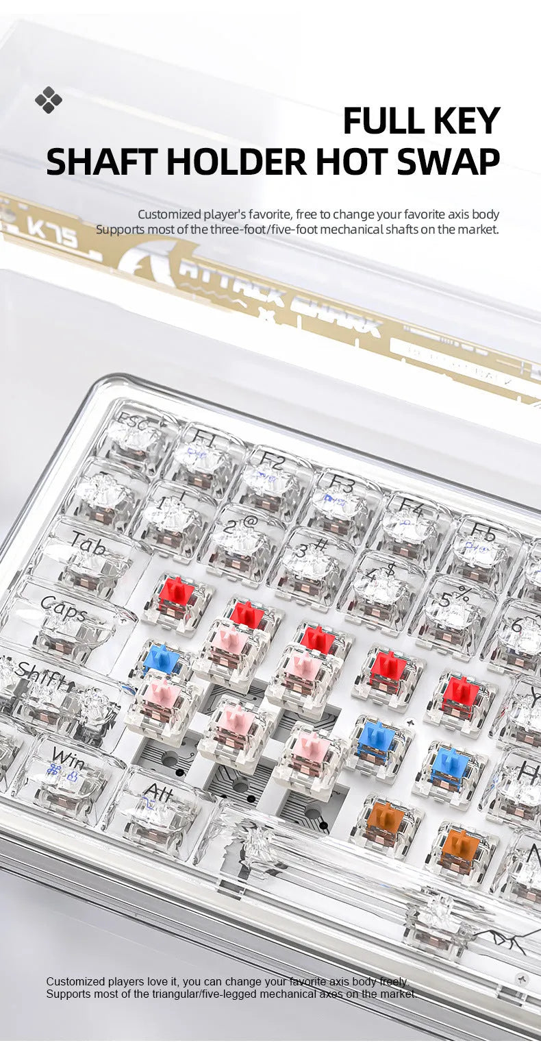 Attack Shark K75 transparent wireless mechanical keyboard with RGB lighting on black background