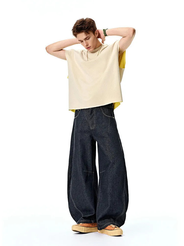 Men's original cow colour wide-leg denim trousers with mid waist for leisure wear