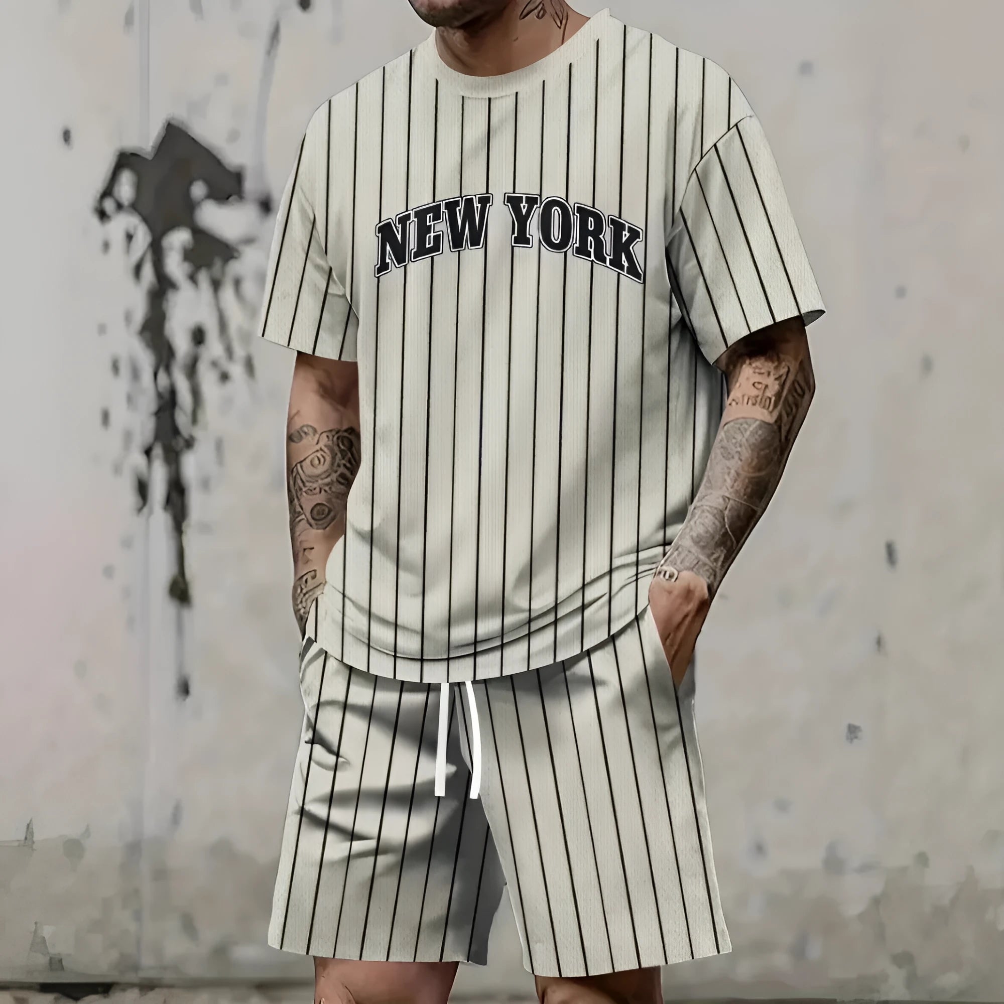 Man wearing a grey 3D printed letter short sleeve top and matching shorts from a sports co-ord set.