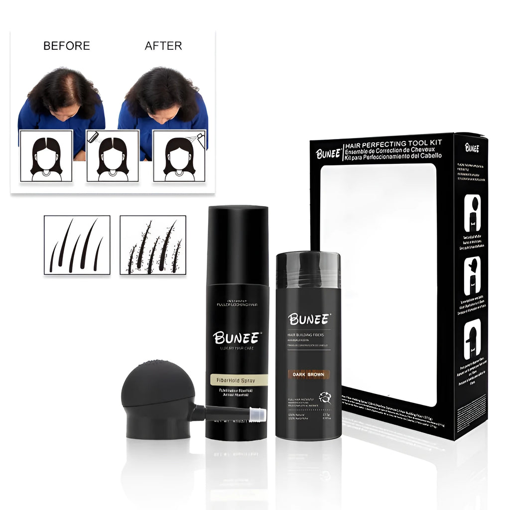 Hair fibre powder 275g three-piece kit with styling spray and nozzle for sparse hair.