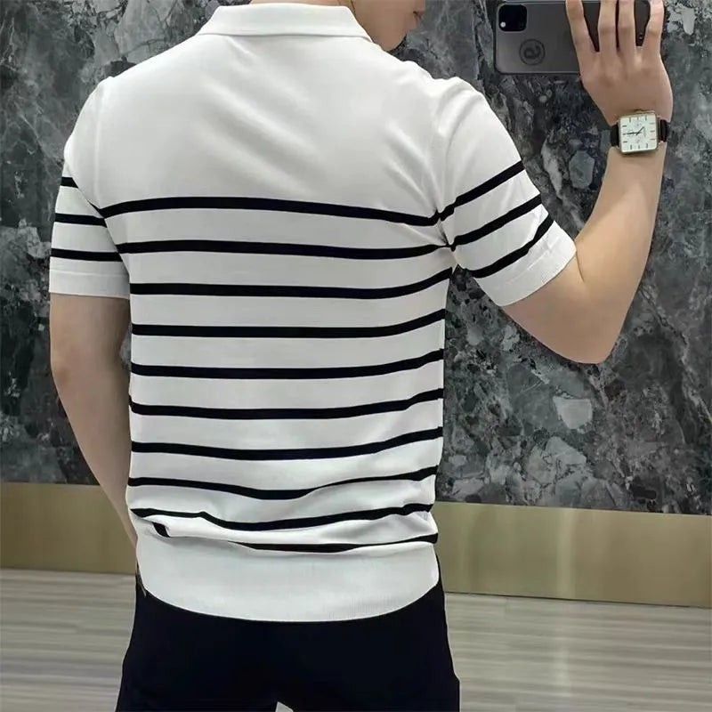 Striped lapel knitted t-shirt in black and white colours showing pullover design with youth popularity styling