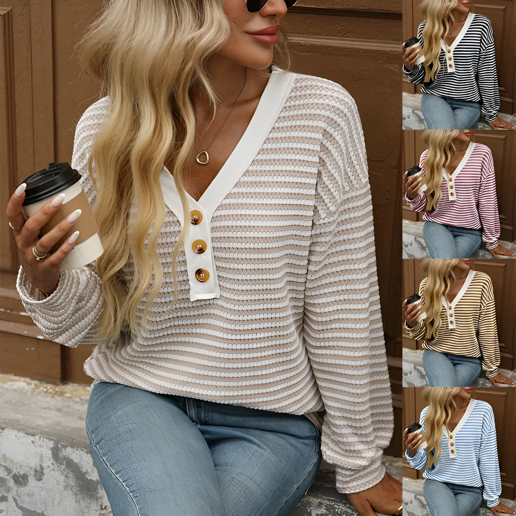 Women's V-neck casual pullover top with patchwork detailing in imitation cotton polyester fabric