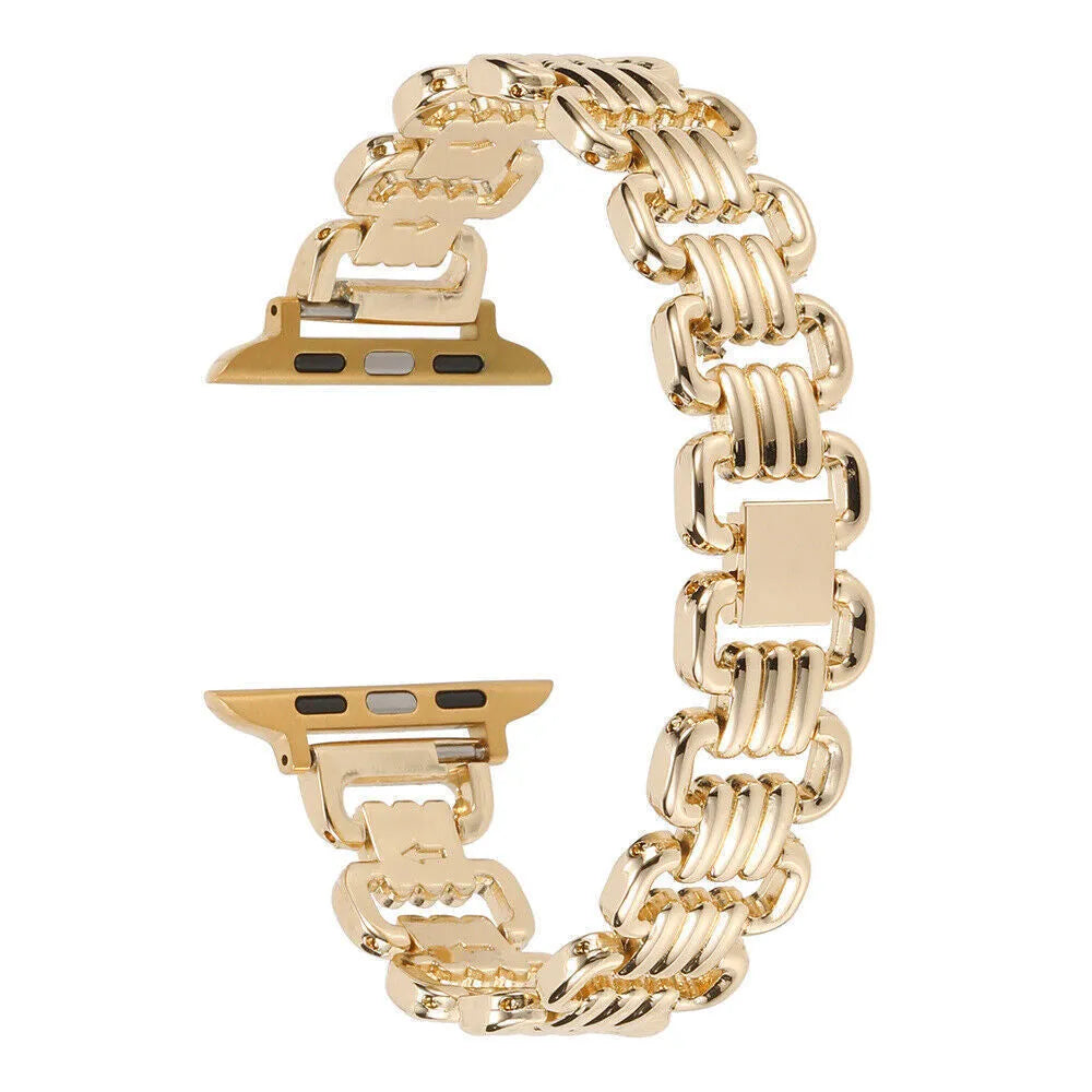 Alloy metal ladies watch bracelet for Apple Watch in silver, black, gold, rose gold, and Starlight colours.