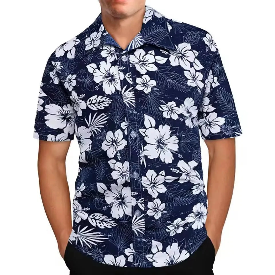 Men's loose fit floral printed polyester cardigan shirt with short sleeves for summer beachwear