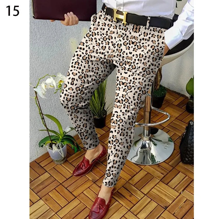 Men's slim-fit plaid casual trousers with 3D printed pattern and straight-leg design
