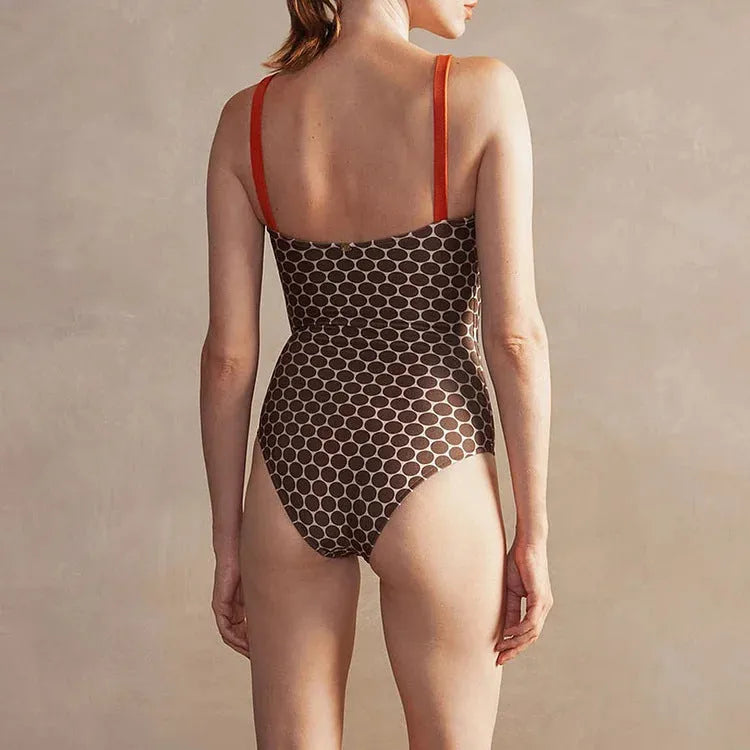 Women's printed dots pattern one-piece swimsuit with a matching wrap skirt set