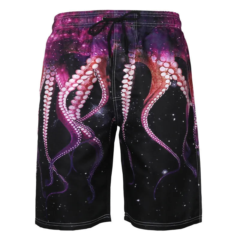 Men's octopus print beach shorts in polyester with straight leg, available in sizes S to 4XL and eight styles