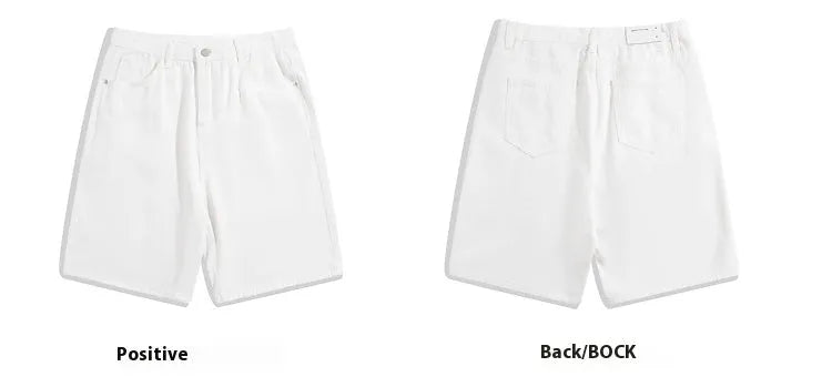 Men's straight-leg denim shorts in light blue, black, white, and gray with mid-waist zip fly design